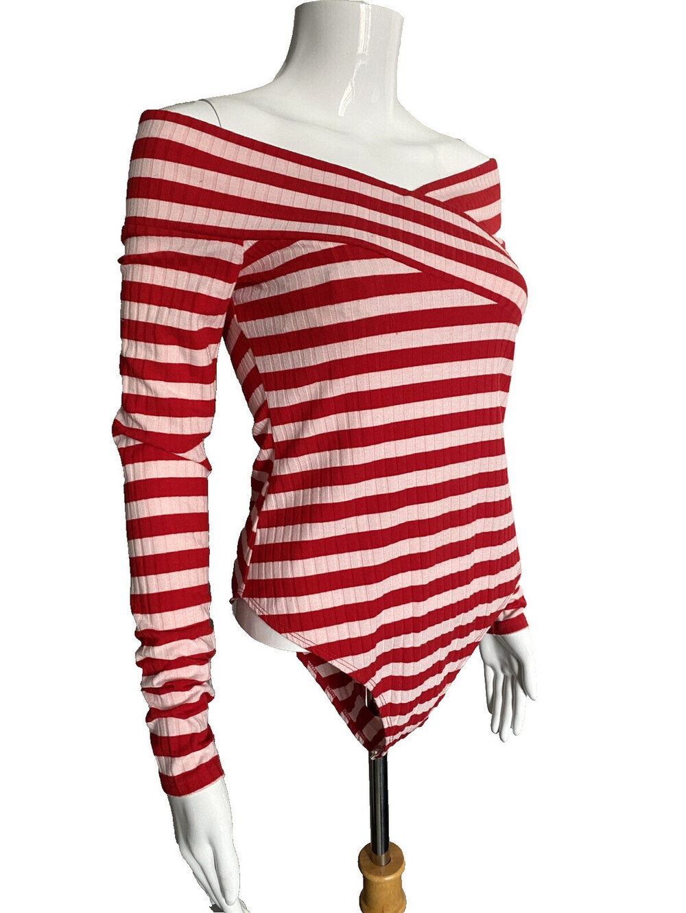 Material Girl Women's Size M Medium Red White Striped Bodysuit Top Long Sleeve - Picture 4 of 7
